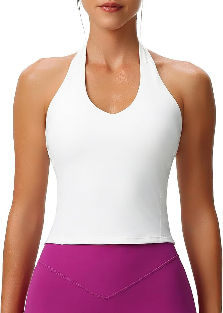 Aoxjox Women's Sleeveless Neck Tank Top Workout Gym Yoga Curve Longline Hailey Halter Crop Top | Amazon (US)