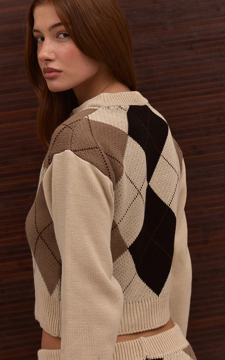 Beige Argyle Cropped Knitted Cardigan | PrettyLittleThing UK