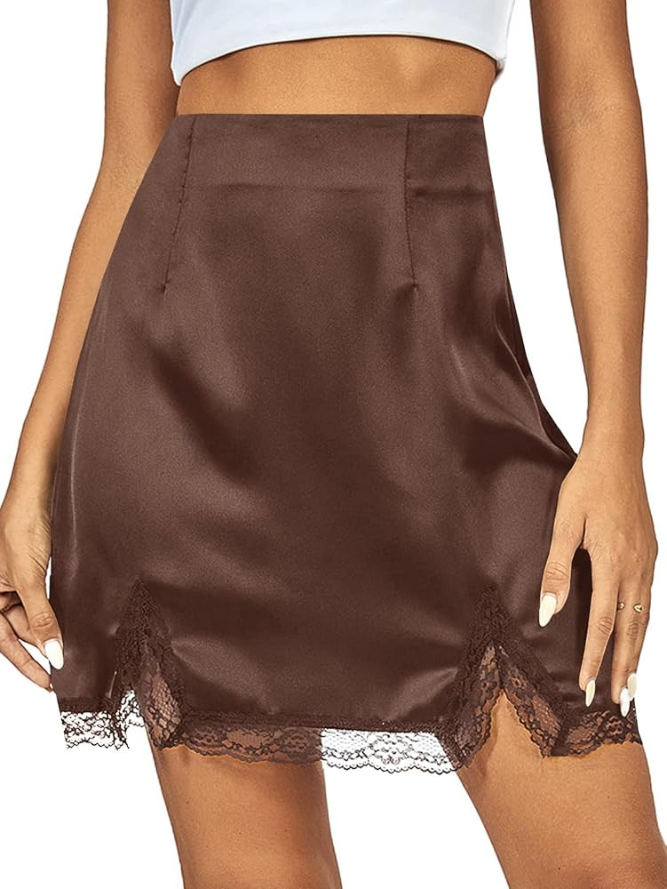 Vrtige Women's Satin Lace Trim High Waist Split Hem Bodycon Mini Short Skirt | Amazon (US)