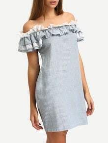 Blue Off The Shoulder Flounce Striped Pockets Dress | SHEIN