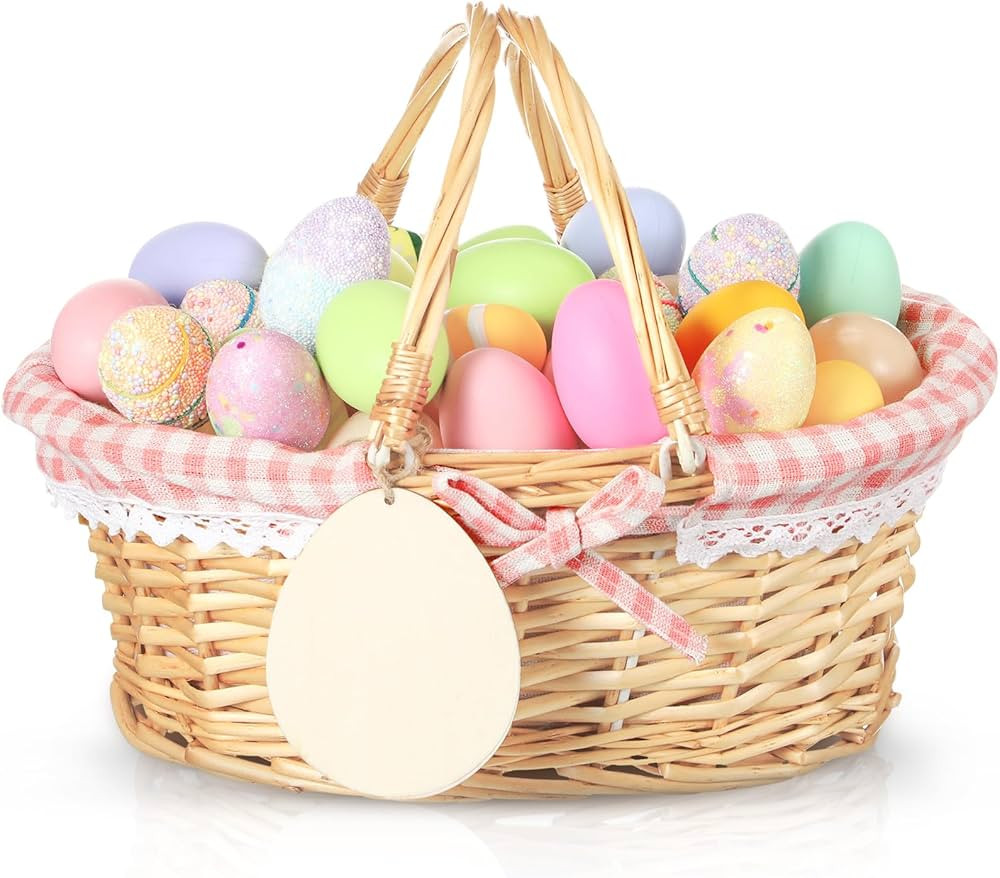 Leinuosen Easter Basket Wicker Picnic Basket with Wooden Egg Cutout Woven Candy Storage Gift Wine... | Amazon (US)