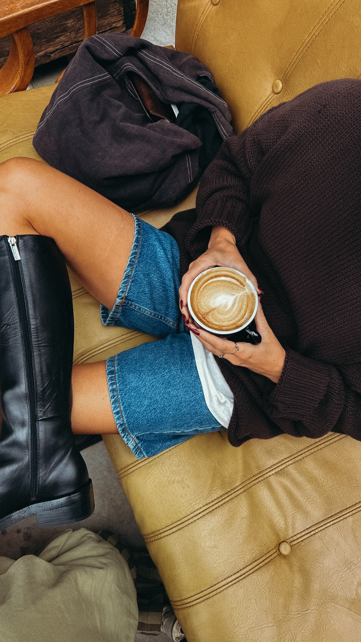 Autumn rainy day outfit in my fave knee high boots, denim Jorts and Dissh chocolate brown knit jumper. I wear a small in the jumper. 

#LTKaustralia