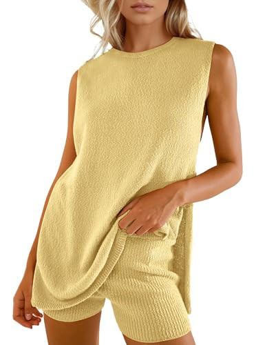 MSBESYOR Women Summer Knit Sweater Set Two Piece Outfits Sleeveless Tunic Tank Top Matching Shorts Vacation Beach Sets | Amazon (US)