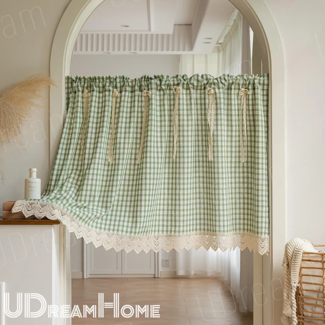 Green Gingham Cafe Curtains Valances with Lace, Farmhouse Country Kitchen Short Curtains, Cotton ... | Etsy (US)