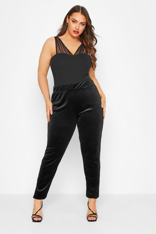 Plus Size Black Velvet Stretch Tapered Trousers | Yours Clothing UK