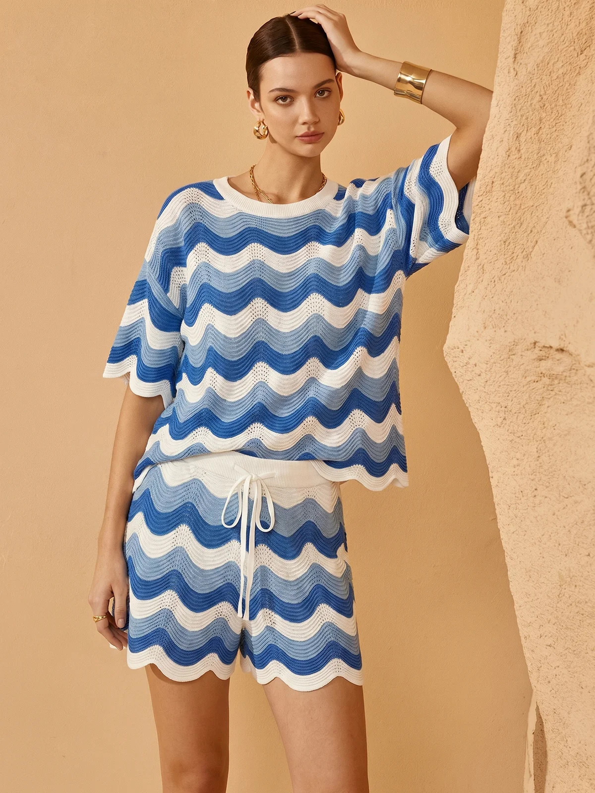 Wavy Knit Two Piece Shorts Set | Commense