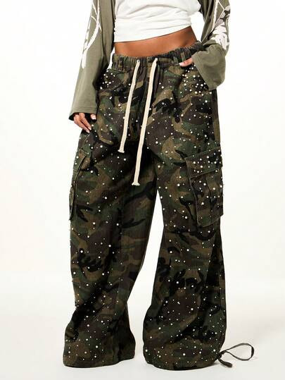 SUMWON WOMEN Low Rise Camouflage Cargo Pants With Pearl Rhinestone Embellishments Wide Leg Parach... | SHEIN