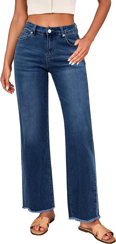LookbookStore Wide Leg Jeans for Women Trendy High Waisted Straight Leg Frayed Hem Baggy Stretchy... | Amazon (US)