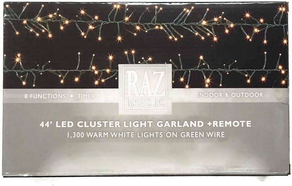 Raz Christmas Cluster Lights 44 Foot Garland with 1300 Warm White Lights on Green Wire with Remot... | Amazon (US)