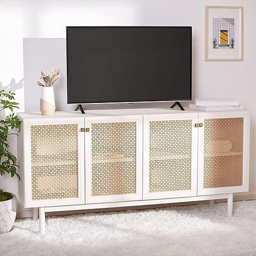 Safavieh Home Collection Piran White and Gold 4-Door 2-Shelf Media (65-inch Flat Screen) TV Stand | Amazon (US)