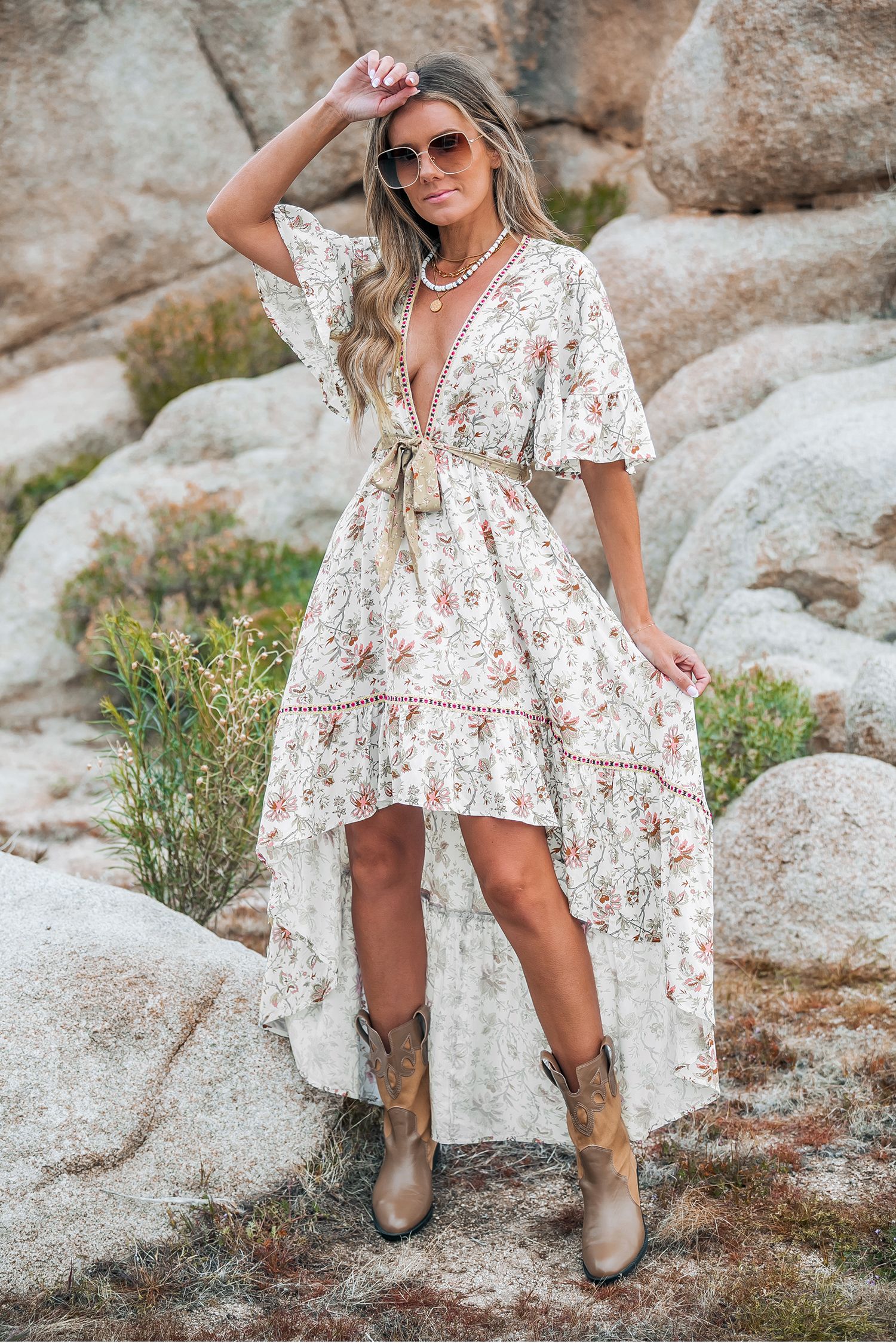 Romantic Floral Plunging Asymmetrical Hem Midi Dress | Cupshe US