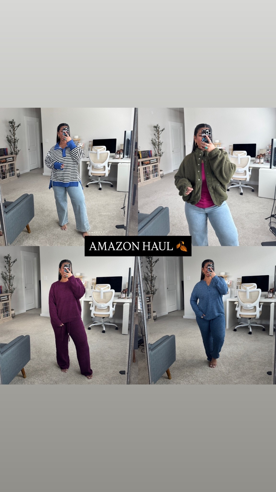 I’m 5’1”, size 12

JEANS: size large, true to size. these have lots of stretch and they’re the perfect length if you’re short! They also come in a few other washes. Wearing shade Light Gray Blue.

STRIPED SWEATER: size large, I love the oversized fit. Comes in tons of colors! 

PINK LONG SLEEVE: size large, super stretchy! Perfect basic and comes in tons of colors. 

GREEN JACKET: size large, so cozy! 

PLAID PANTS: if you’ve got thick thighs like me, stay away from these lol. They were suffocating my thighs! I love the style of them but not for curvy gals lol. 

PURPLE SET: size large, the coziest EVER!! And has lots stretch. This feels just like Barefoot Dreams.

BLUE SET: size large, very soft and lightweight. Easy throw on and go set or just for lounging, and love the length! 