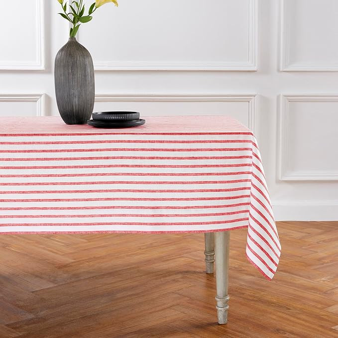Solino Home Striped Tablecloth 60 x 90 Inch - 100% Pure Linen Red and White Table Cloth for Recta... | Amazon (US)