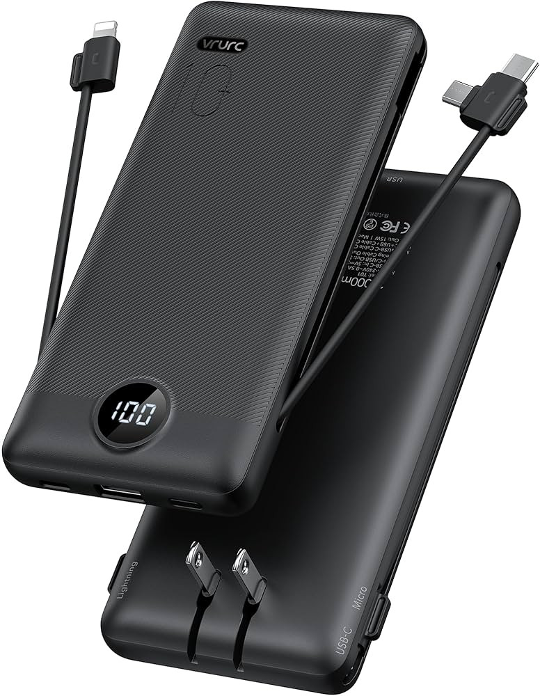 VRURC Portable Charger Built-in Cables and AC Wall Plug, USB C Power Bank 10000mAh, Travel Essent... | Amazon (US)