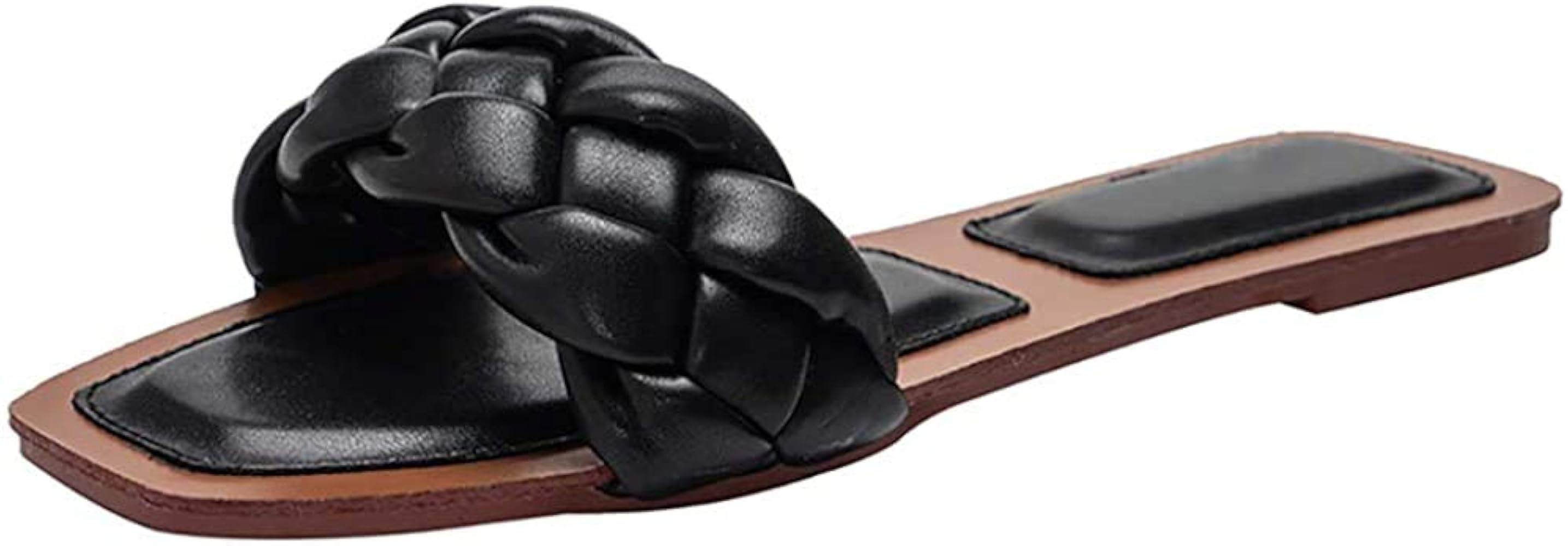 Trish Lucia Womens Square Open Toe Flat Sandals Slip On Mule Slides Braided Strap Slipper | Amazon (US)