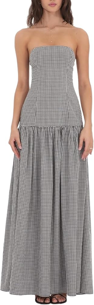 UITENBV Women Drop Waist Strapless Maxi Dress Off Shoulder Gingham Tube Dress Bodycon Party Cockt... | Amazon (CA)