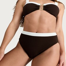F&F Textured Contrast Trim High Waisted Bikini Bottoms in Brown | Tesco F&F