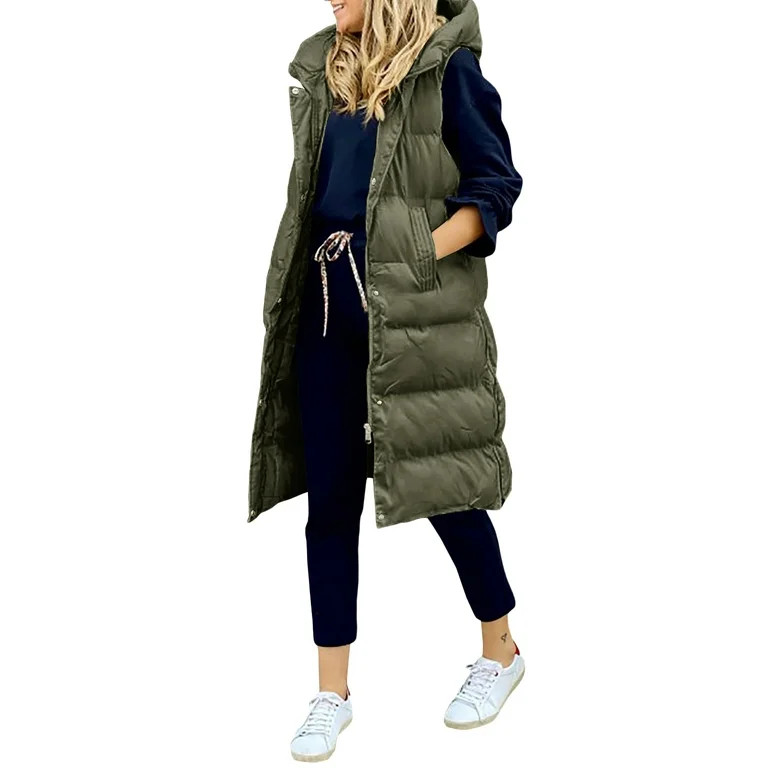 FOCUSNORM Women Long Puffer Vest Quilted Faux Down Vest Sleeveless Hooded Puffer Jackets Winter W... | Walmart (US)
