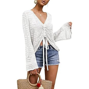FERBIA Women Crochet Top Beach Cloth Drawstring Shirt Cover Up Oversized Sexy Beachwear Lace Up T... | Amazon (US)