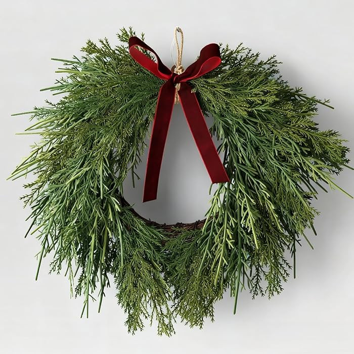 13.8" Christmas Artificial Cedar Wreath with Burgundy Velvet Bow Green Christmas Draping Oval Ced... | Amazon (US)
