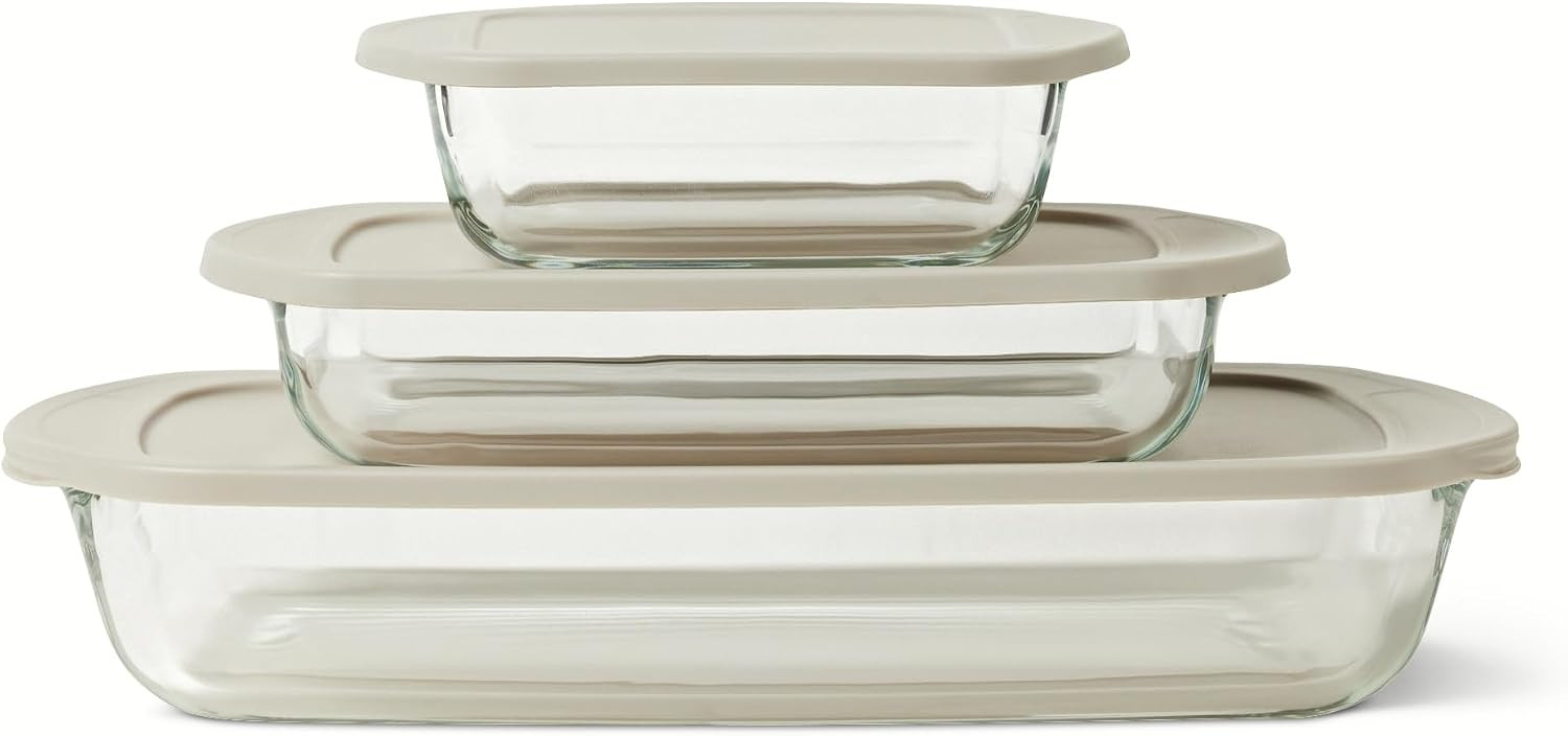 Amazon Basics Glass Baking Dishes with BPA-Free Lids, 6-Piece Set, Borosilicate Glass, Dishwasher and Oven-Safe, Linen Gray | Amazon (US)