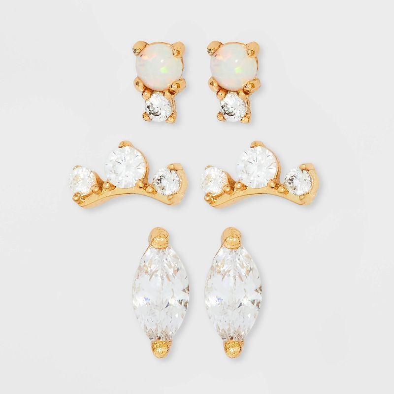 14K Gold Plated Simulated Opal and Cubic Zirconia Stud Earring Set 3pc - A New Day™ Gold | Target