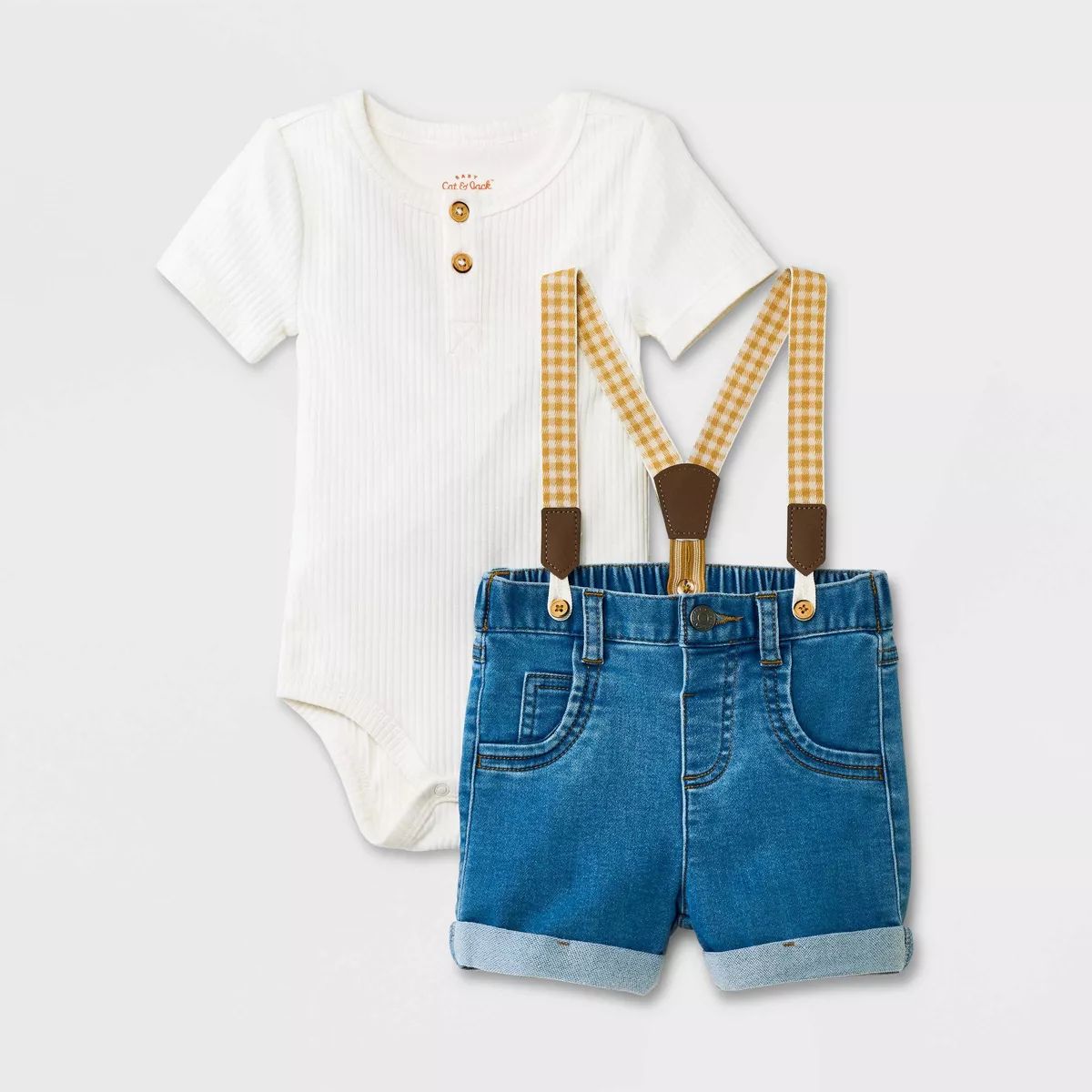 Baby Boys' Mini Man Denim Suspender Top & Bottom Set - Cat & Jack™ Cream/Blue 6-9M | Target