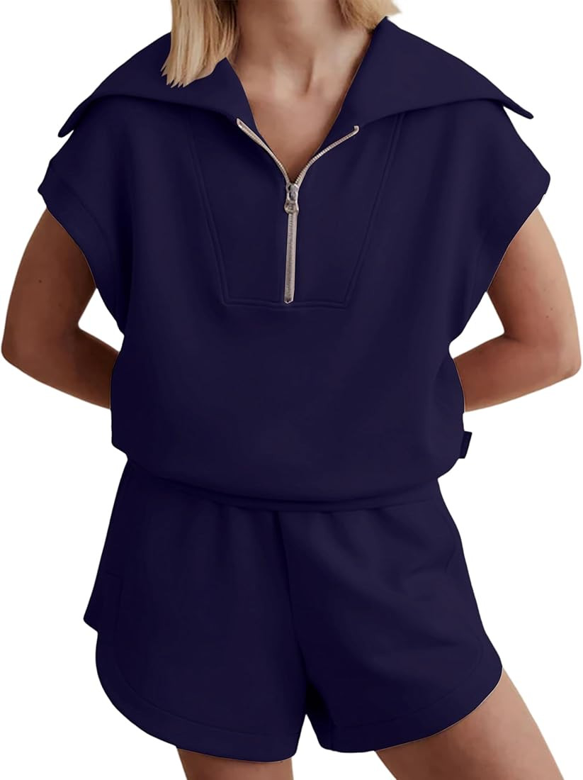 Meladyan Woman Two Piece Half Zip Sweatshirts Shorts Set Lapel Collar Cap Sleeve Sweatshirt High ... | Amazon (US)