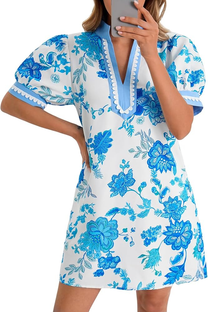 Wenrine Womens Summer Mini Dress Casual Floral Puff Sleeve V Neck Color Block Loose Boho Beach Dr... | Amazon (US)
