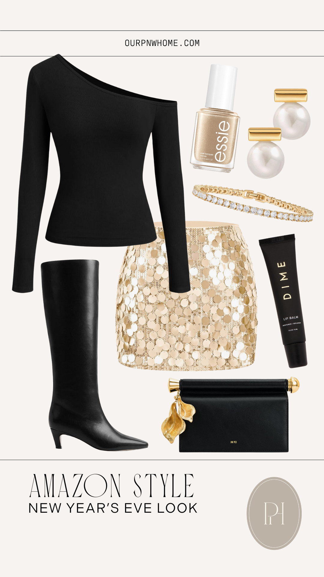 New Year's Eve outfit finds from Amazon!

Sequin skirt, gold skirt, NYE look, NYE outfit, asymmetrical top, black top, long sleeve top, black boots, knee high boots, black clutch, black handbag, lip balm, tennis bracelet, pearl earrings, gold nail polish, metallic nail polish, sparkly outfit, Amazon fashion, holiday party look 

 #LTKHoliday #LTKootd #LTKFindsUnder100