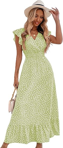 SheIn Women's Allover Print Shirred Ruffle A Line Maxi Dress Cap Sleeve Wrap V Neck Dresses | Amazon (US)