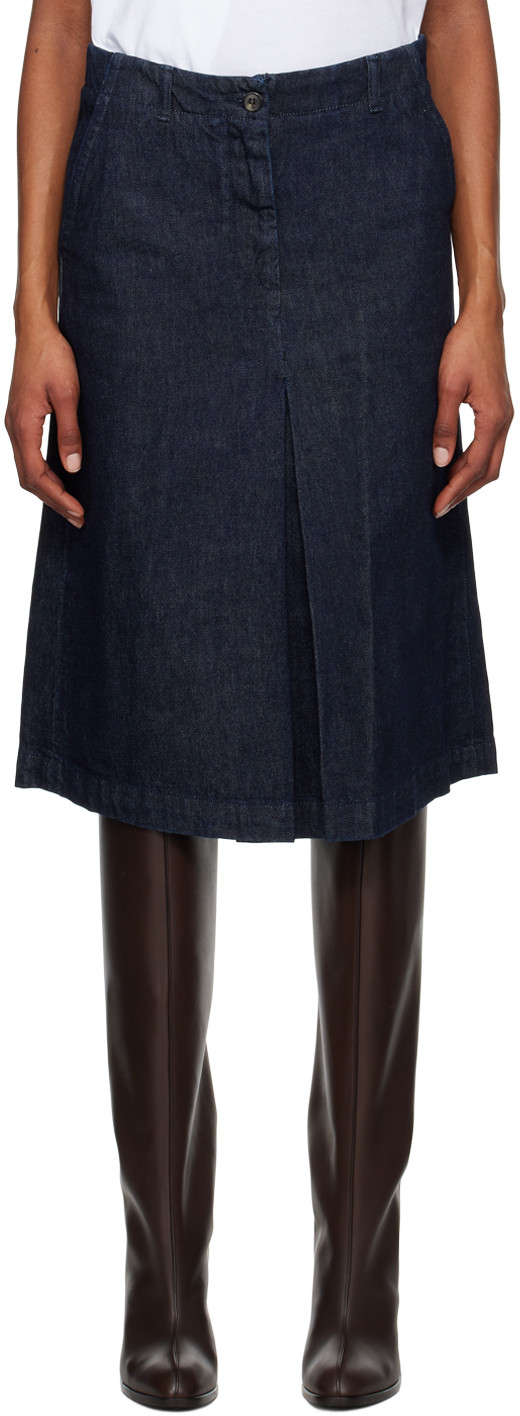 Dries Van Noten Indigo Pleated Denim Midi Skirt | SSENSE