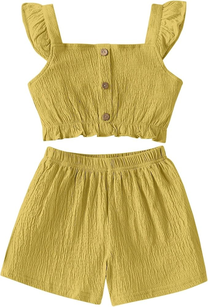 Girl's Summer Clothing Sets Knit Ruffle Striped T-Shirt and Shorts 2 Piece Outfits | Amazon (US)