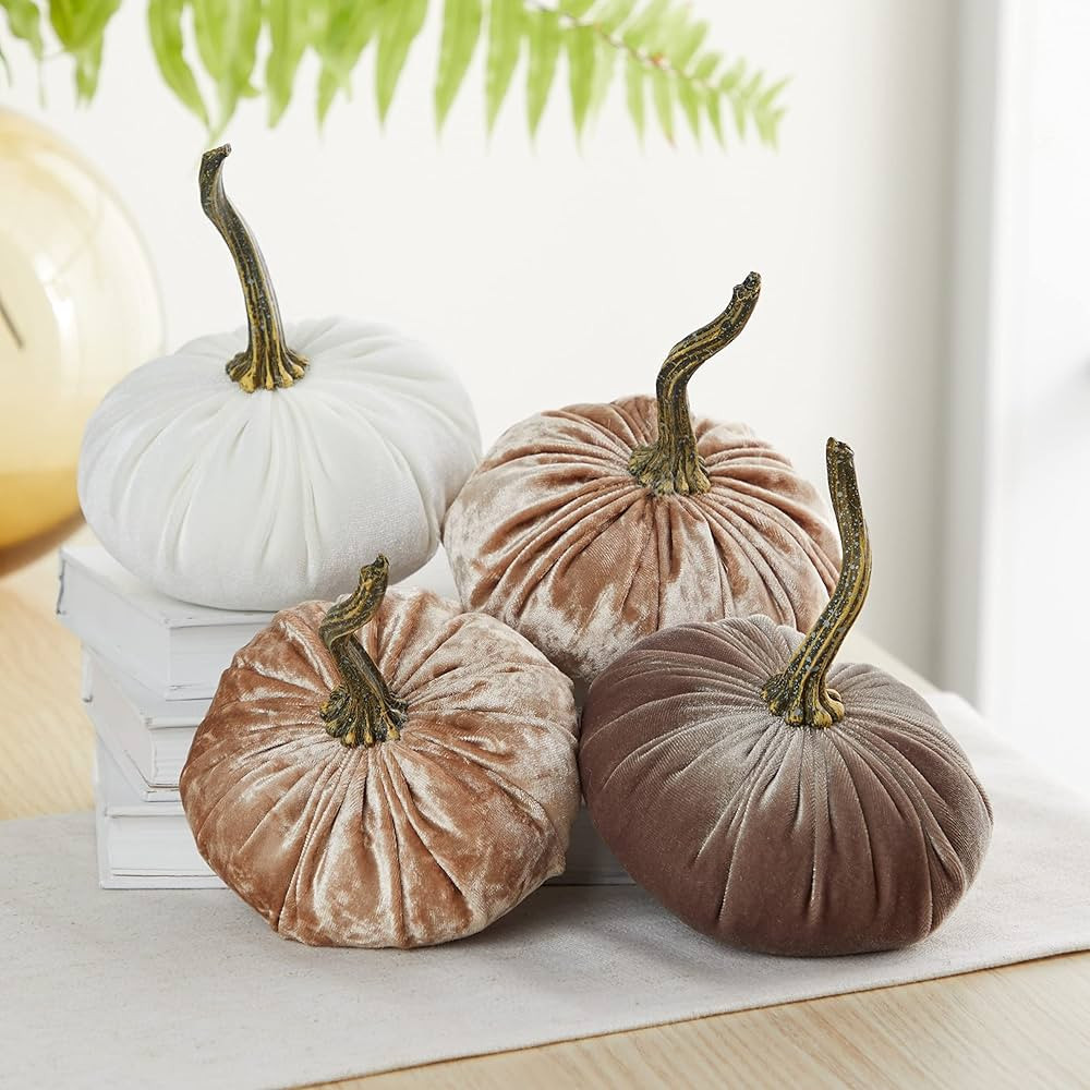 Small velvet pumpkins with stems set of 4, taupe decor, neutral farmhouse bowl fillers, year roun... | Amazon (US)
