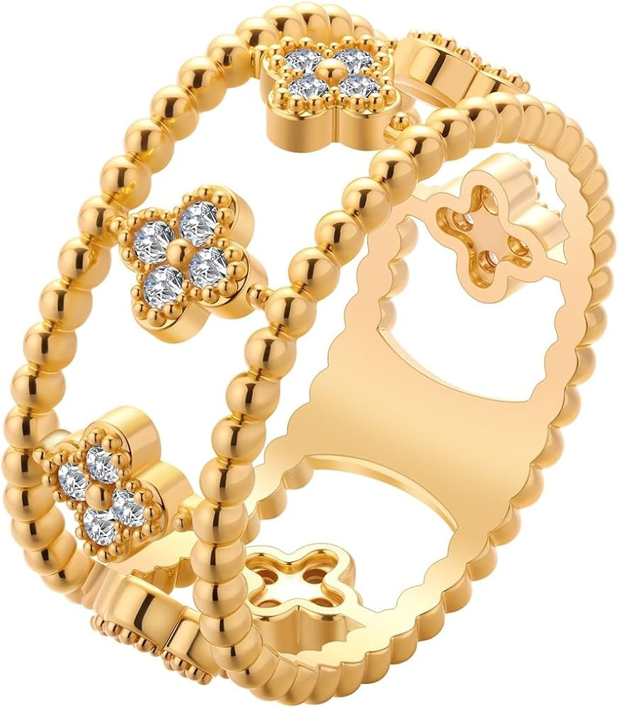 Women's Beaded Design Diamond - style Zircon Clover Ring, Stackable Gift Ring for Women | Amazon (US)