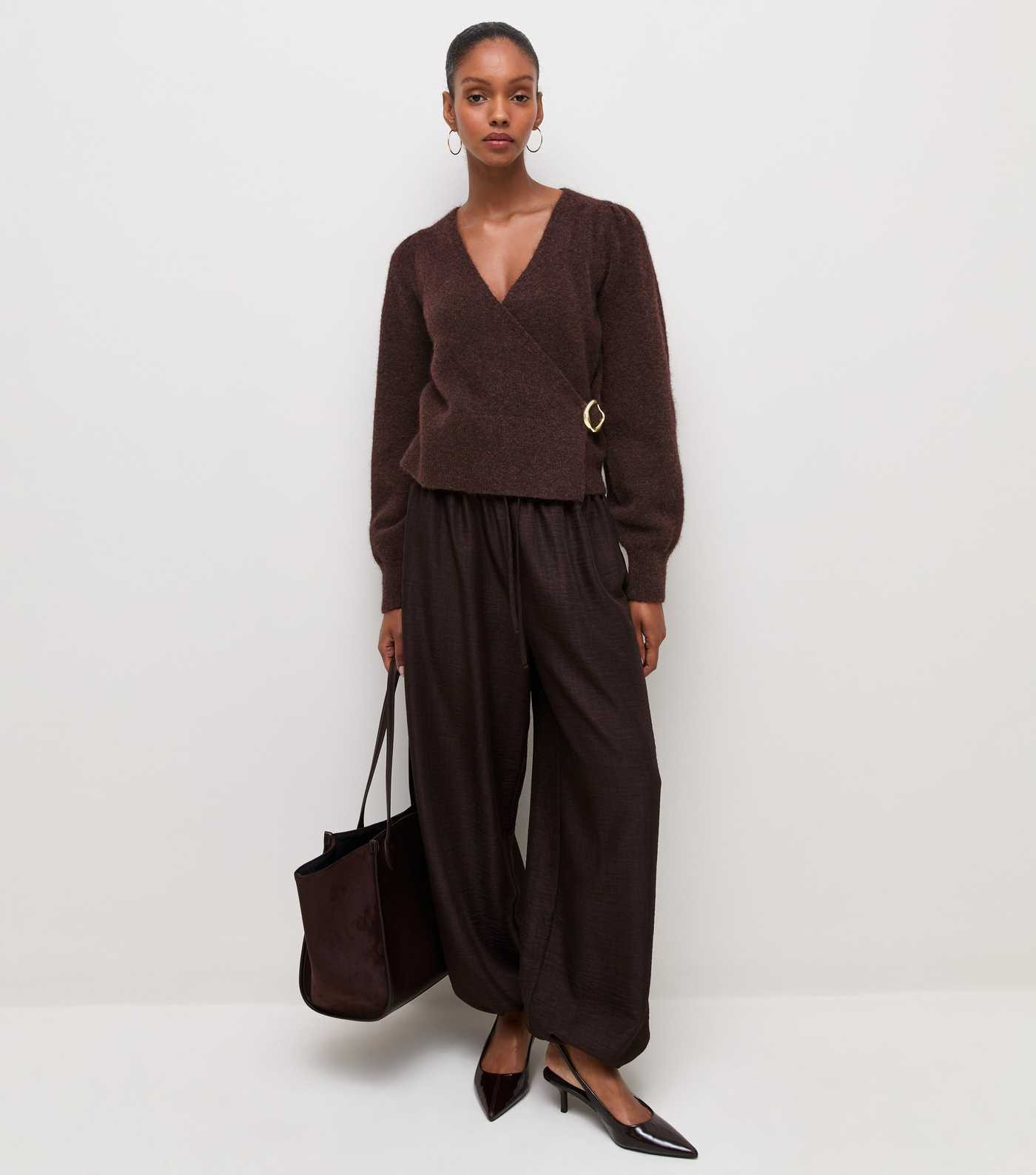 Dark Brown Knitted Buckle Wrap Jumper with Wool | New Look | New Look (UK)