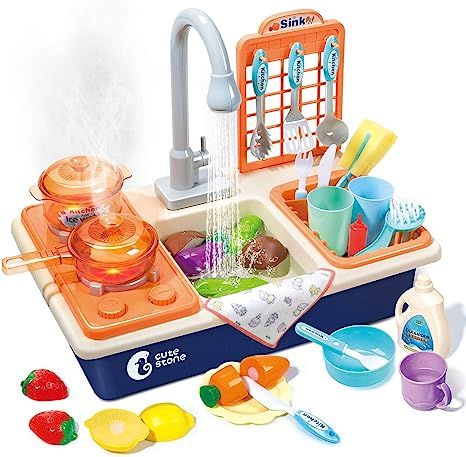 Amazon.com: CUTE STONE Pretend Play Kitchen Sink Toys with Play Cooking Stove, Pot and Pan with S... | Amazon (US)