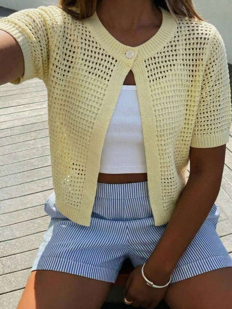 Summer New Round Neck Short Sleeve Knit Cardigan, Women Loose Hollow Thin Button Yellow Top, Casu... | SHEIN