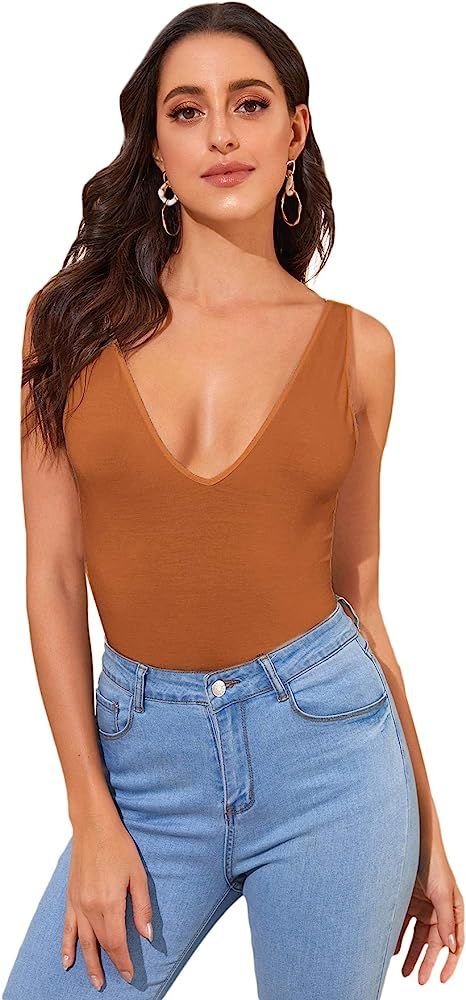 Verdusa Women's Casual Double V Neck Slim Fitted Basic Tank Top | Amazon (US)