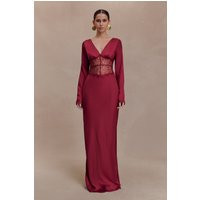 Kaya Long Sleeve Satin And Mesh Maxi Dress - Wine I MESHKI I Size S | MESHKI US