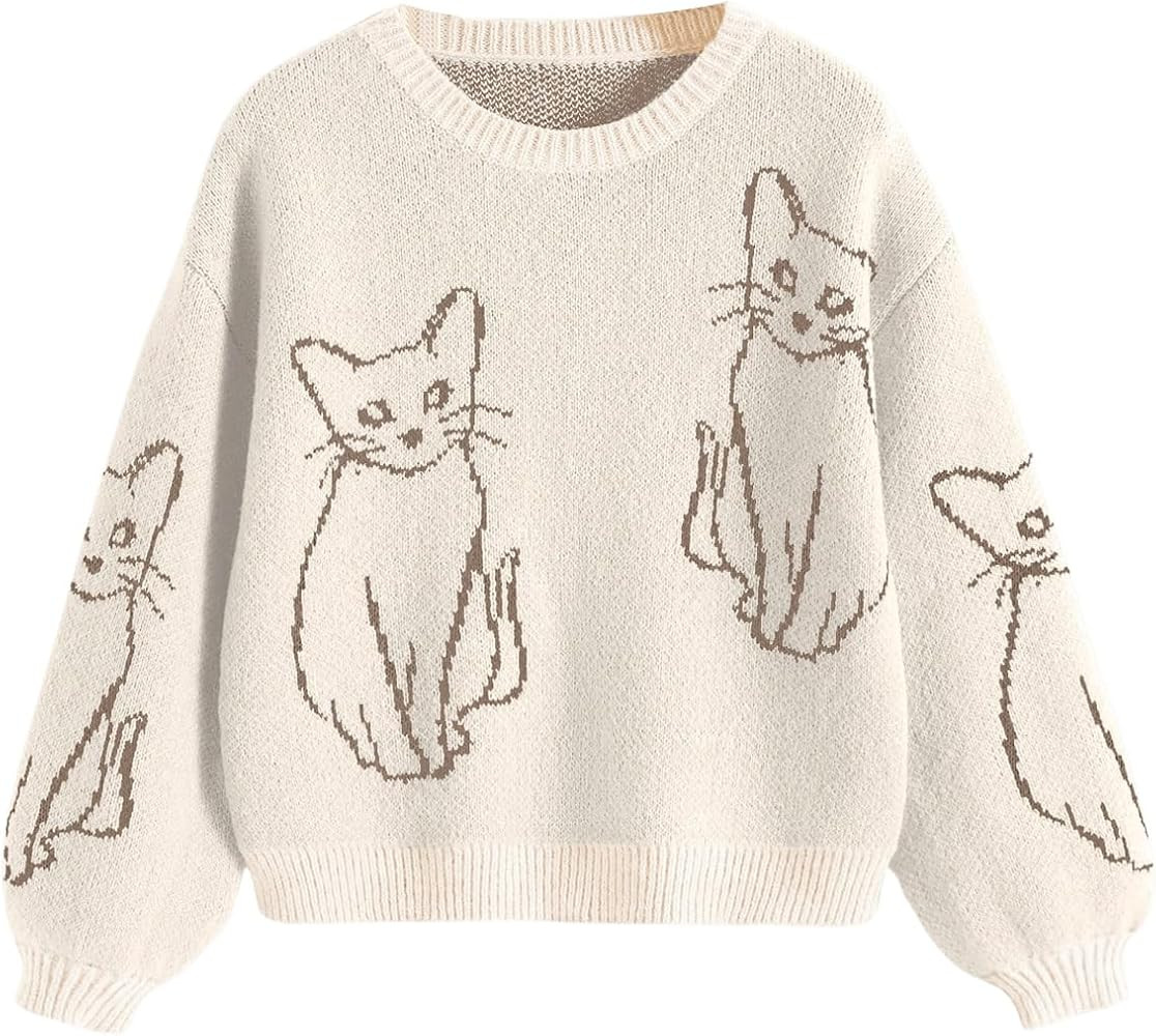 GORGLITTER Women's Cat Sweater Graphic Cropped Sweater Long Sleeve Drop Shoulder Crewneck Pullove... | Amazon (US)