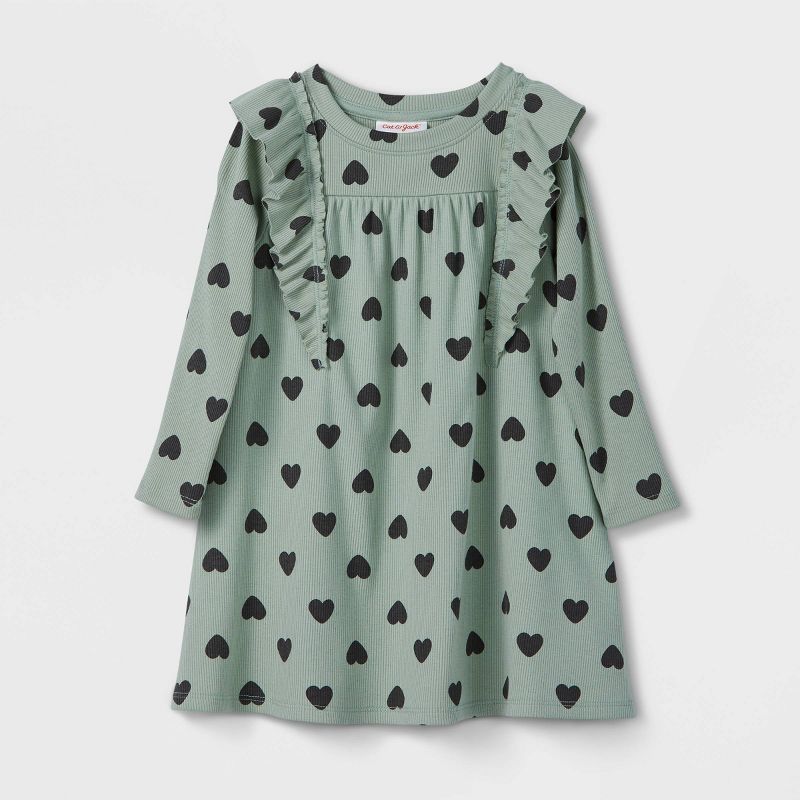 Toddler Girls' Heart Ruffle Long Sleeve Ribbed Dress - Cat & Jack™ Green | Target