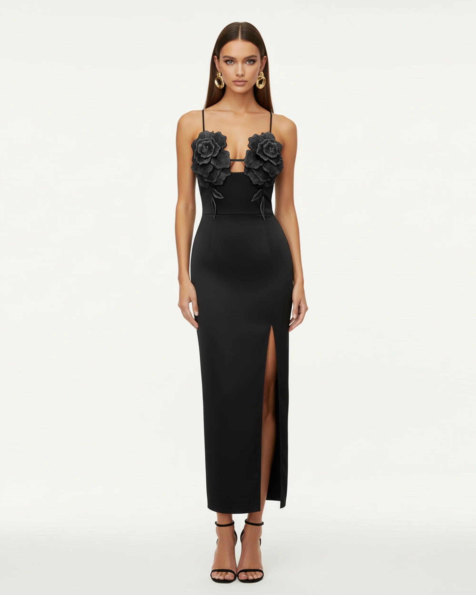 3D Floral Strappy Maxi Dress - Black | JW PEI US