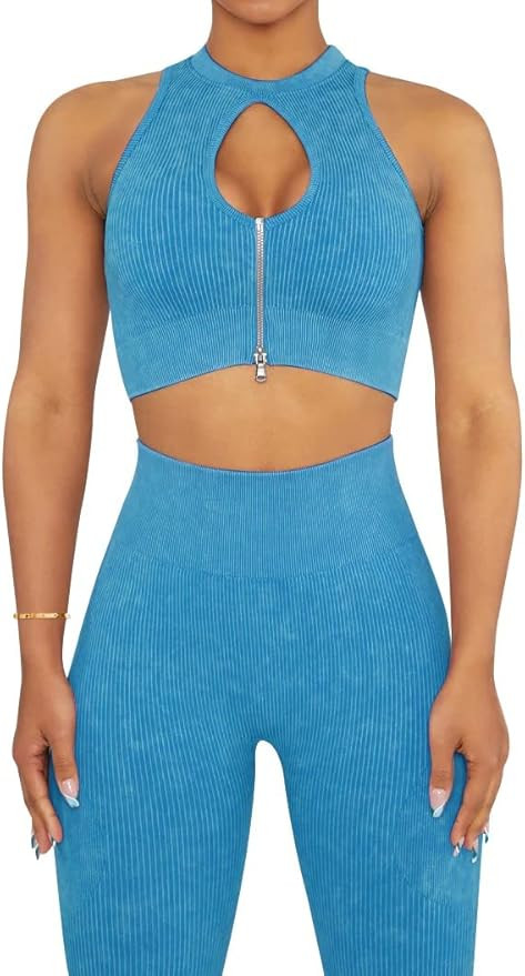 OLCHEE Womens Workout Sets 2 Piece - Seamless Ribbed Acid Wash Yoga Outfits Leggings and Keyhole ... | Amazon (US)