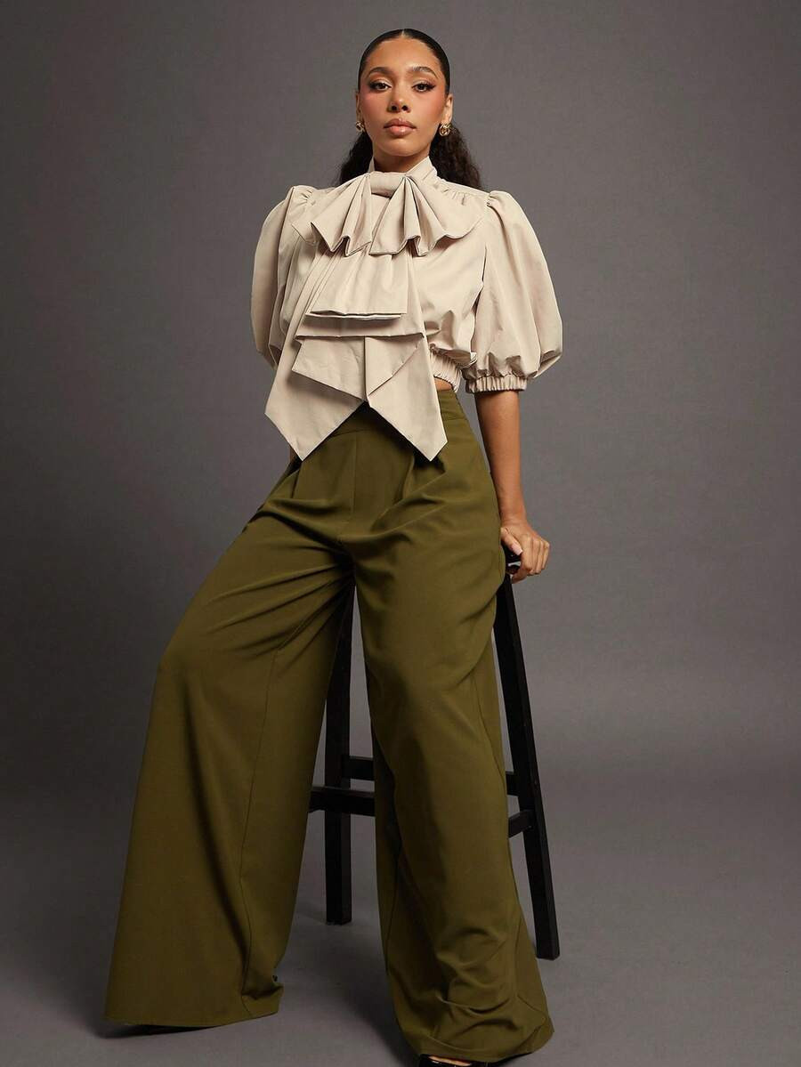 Vixey Exaggerated Bow Puff Sleeve Zip Up Woven Top, Business Casual Woman, Office Outfit | SHEIN