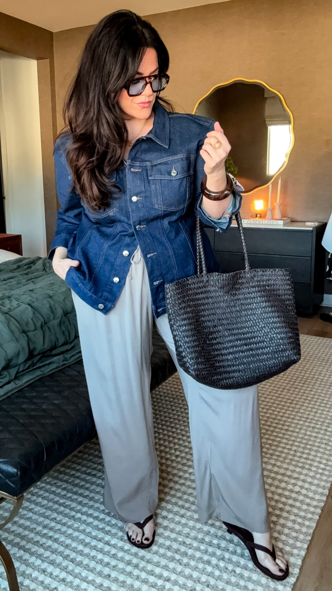 Midsize spring casual outfit day  19 of the 30 days of outfits challenge 
Denim hourglass fit jacket: xl 
Lightweight pull on pant xl 
Thing kitten heel sandal 
Fave woven leather tote bag 
Lip liner color: manic 


#LTKStyleTip #LTKMidsize #LTKSeasonal