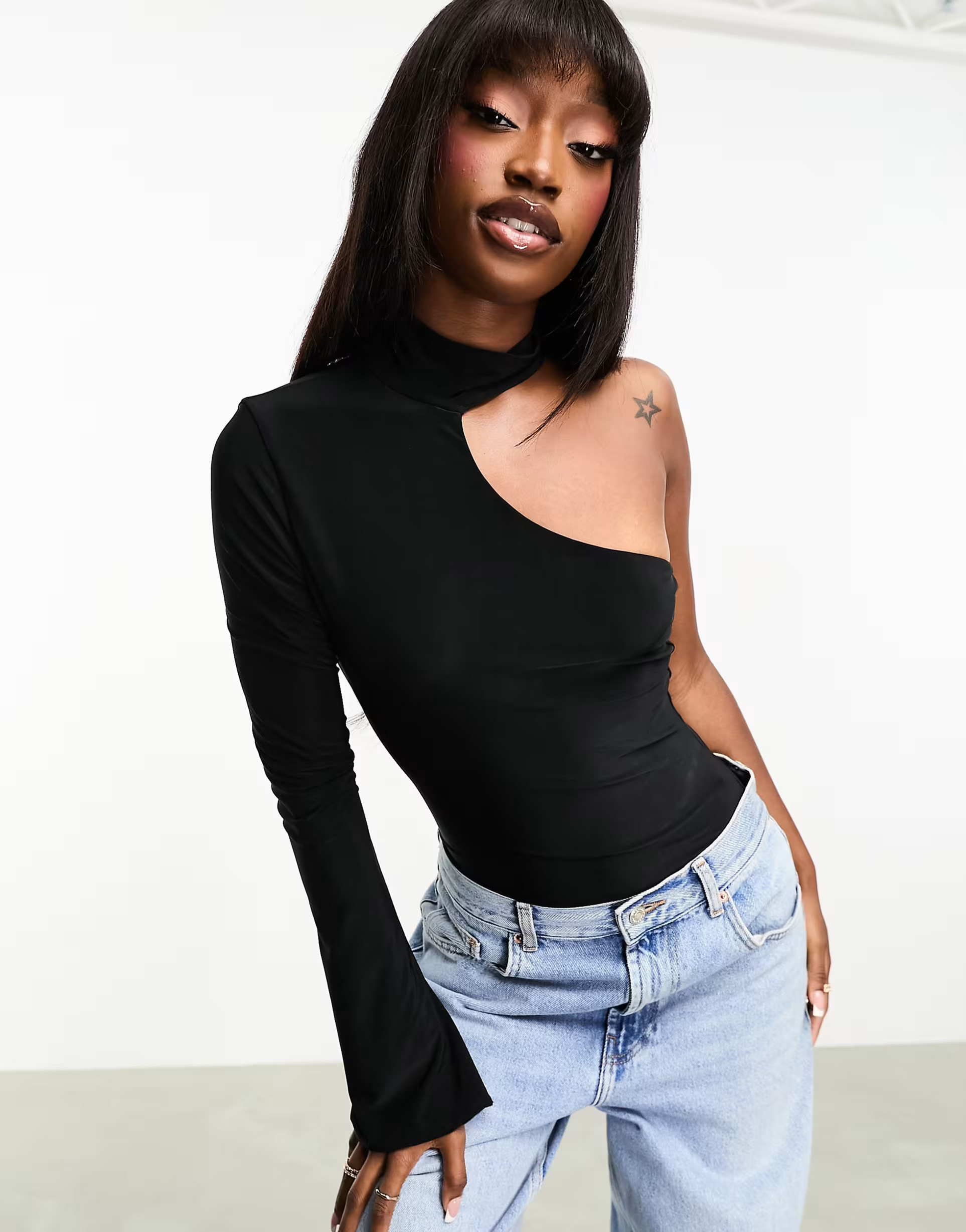 ASOS DESIGN one sleeve asymmetric cut out choker bodysuit in black | ASOS | ASOS (Global)