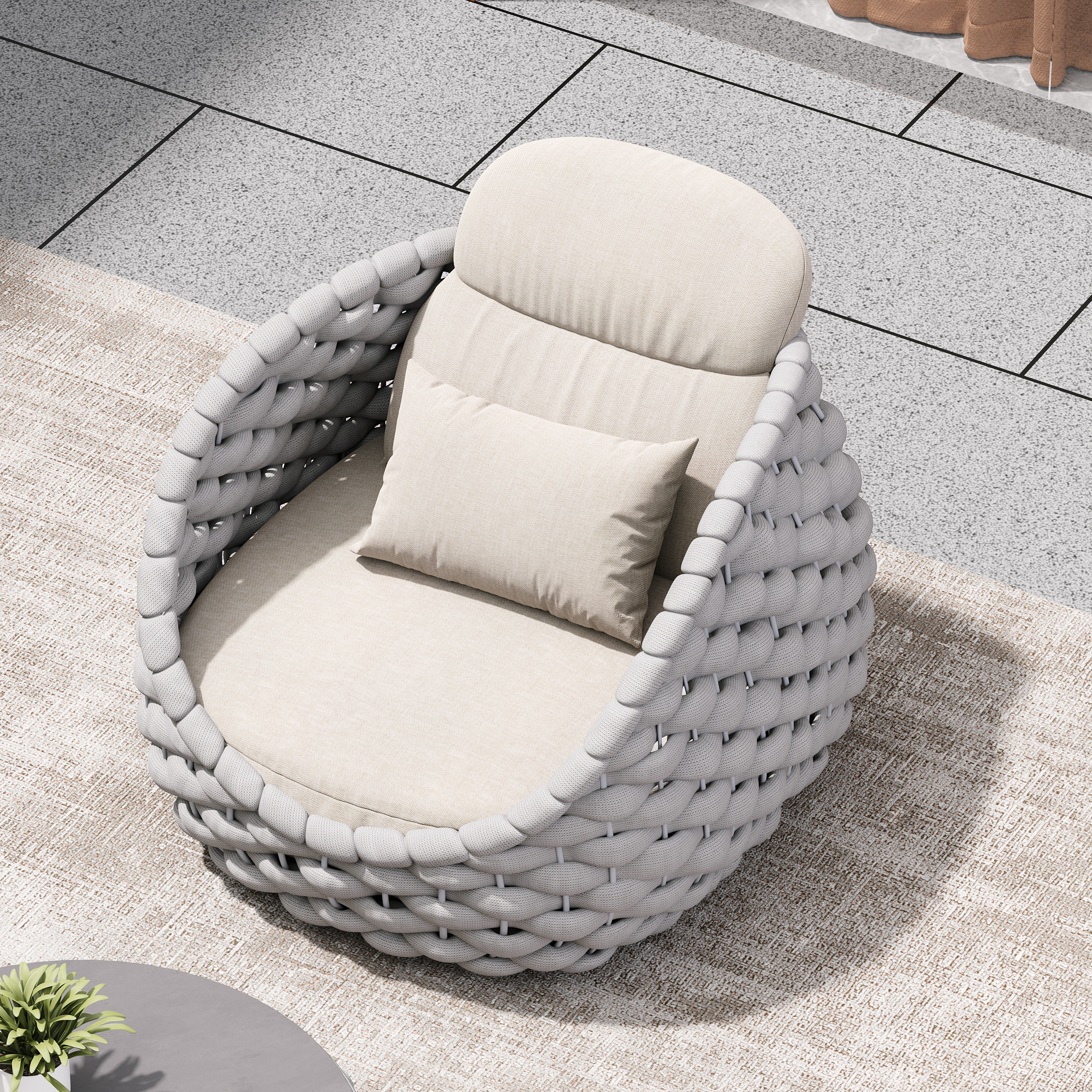 Tatta Woven Rope Outdoor Swivel Chair Rotatable Yard & Patio Armchair in Light Gray with Cushion | Homary