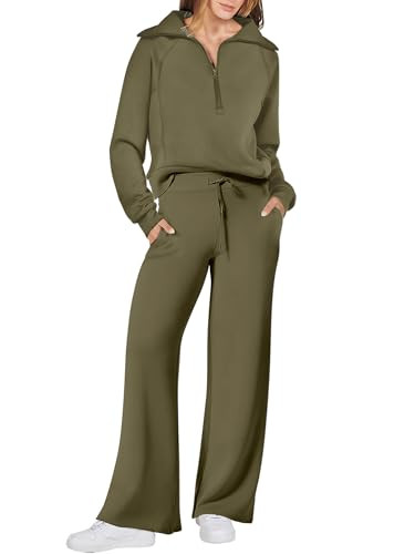 ANRABESS Women’s 2 Piece Outfits Half Zip Sweatshirt & Wide Leg Pants Airport Travel Lounge Matching Sets Sweatsuits Clothing Olive Large | Amazon (US)