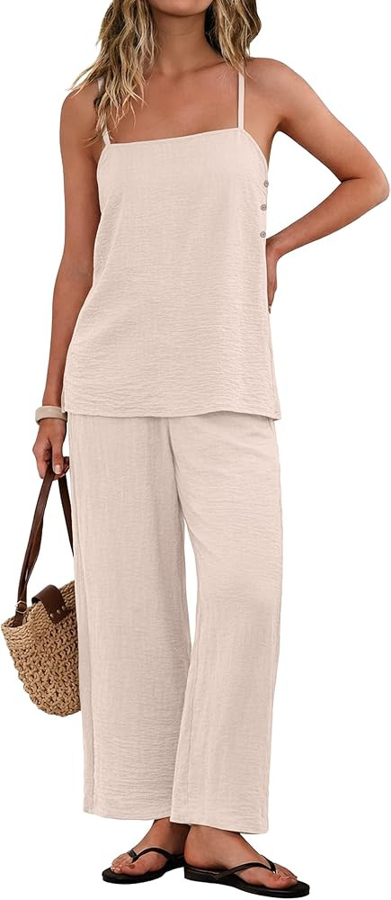 IWOLLENCE Women's 2 Piece Sets Spaghetti Strappy Tank Top and Long Pant with Pockets Lounge Match... | Amazon (US)